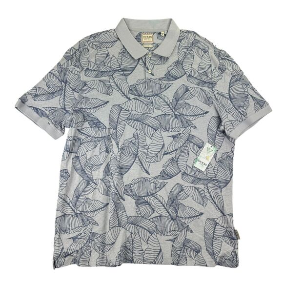 Guess Mens Leaf Print Hemp Blend Short Sleeve Polo Shirt Blue 2XL - Picture 1 of 5
